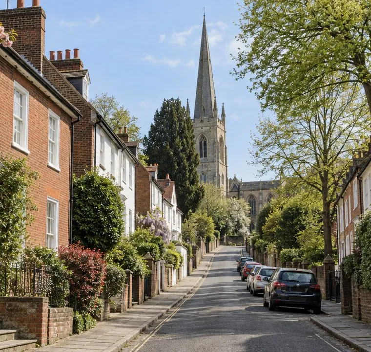 Georgian houses on Windhill below St Michael's Church spire, Bishop's Stortford