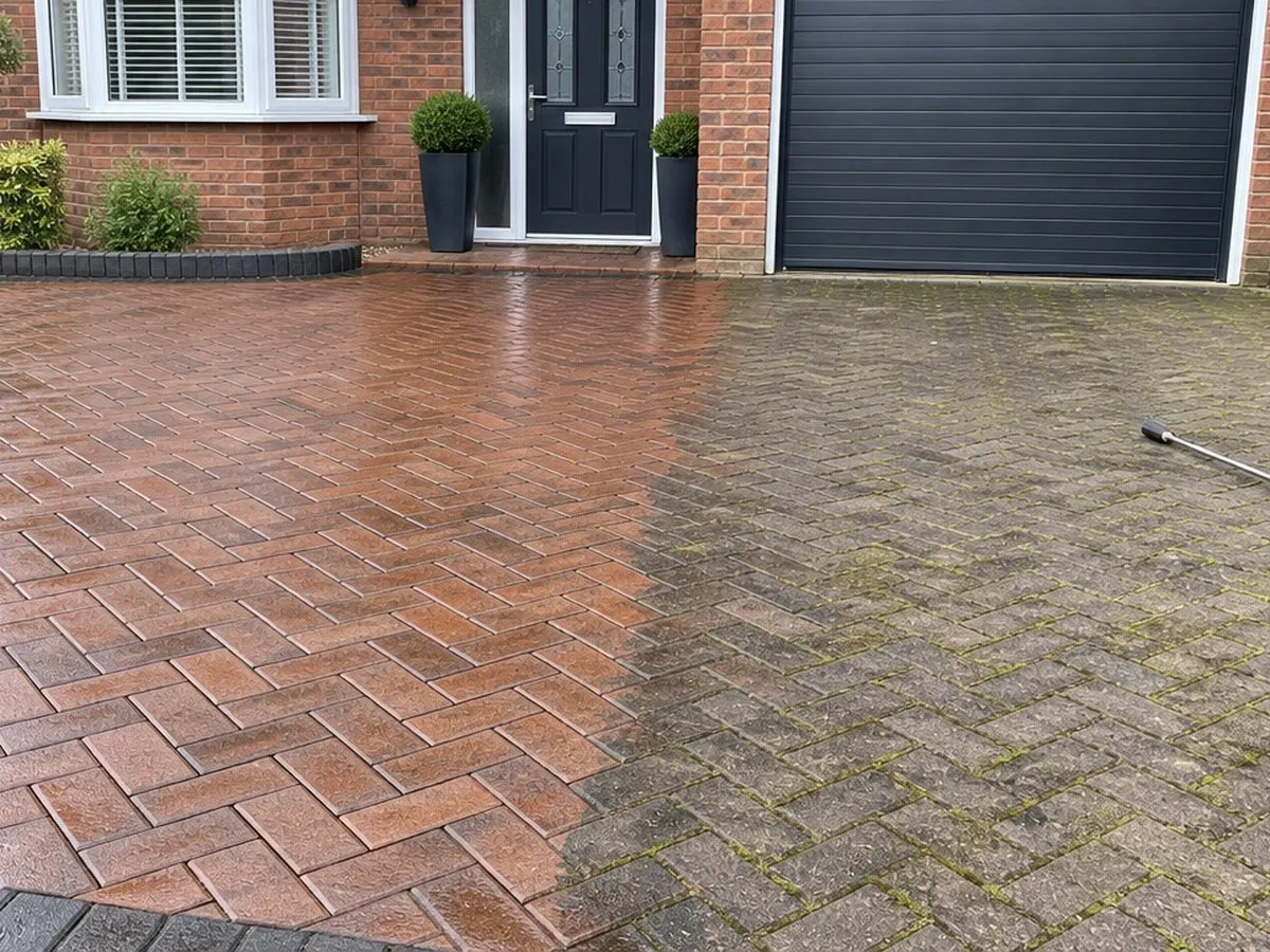 Block paving driveway half cleaned and resealed, half still weathered, showing the difference a clean makes