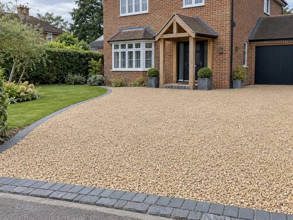 Gravel driveway with block paving edging at a brick house