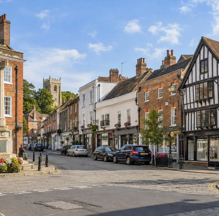 Georgian and timber-framed buildings round a square in Hertford town centre