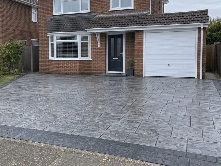 Sealed grey slate-pattern imprinted concrete drive with darker joints and a charcoal border at the pavement