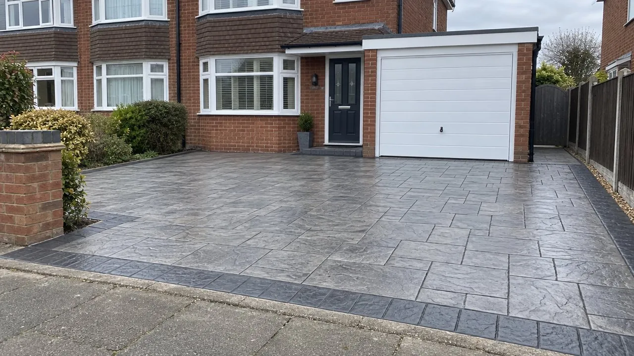 Grey slate-pattern imprinted concrete driveway with a charcoal border in front of a brick semi with a white garage door