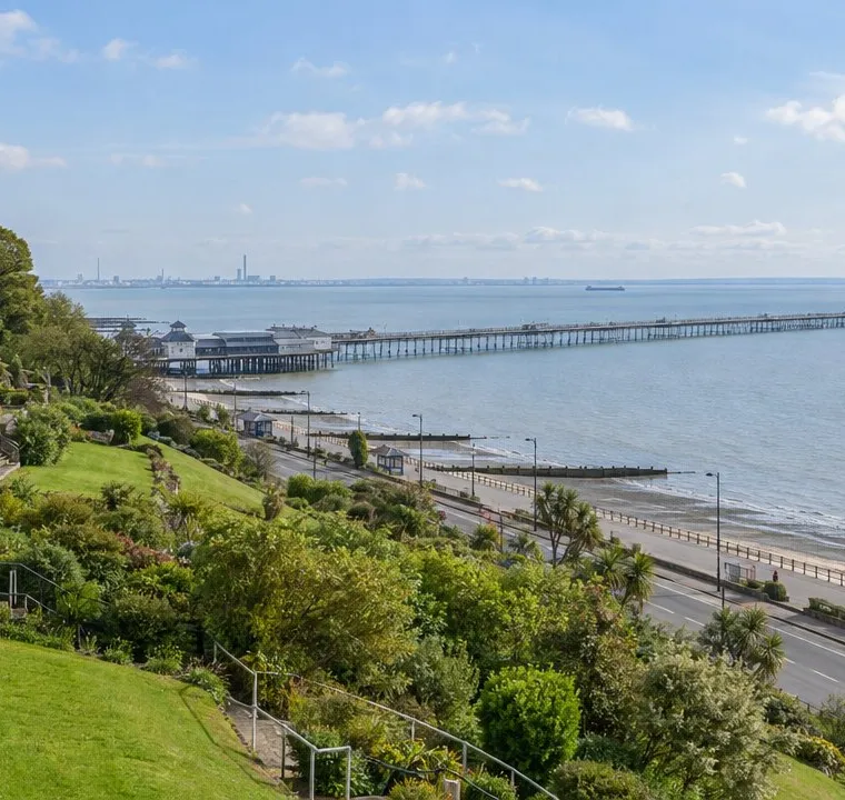 Southend Pier running out into the Thames Estuary from the Cliff Gardens, Southend-on-Sea