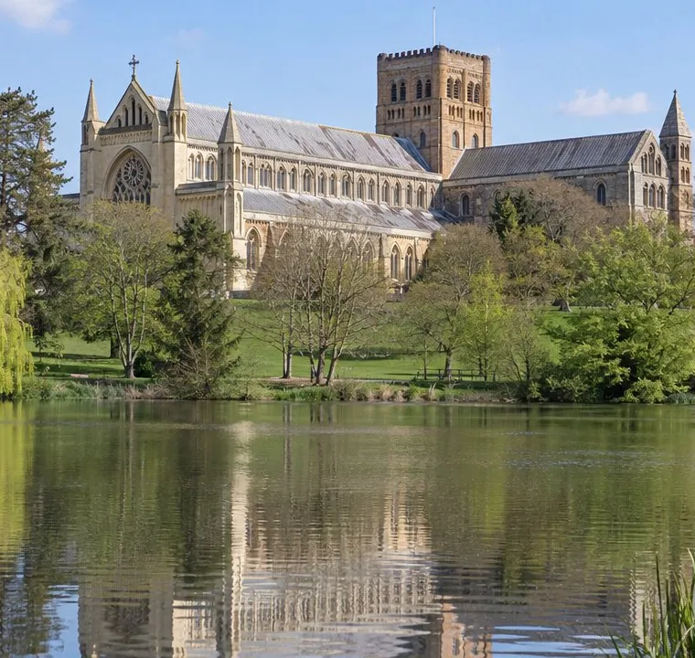 St Albans Cathedral across the lake in Verulamium Park, St Albans