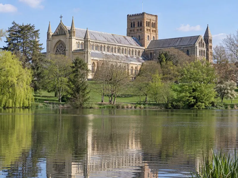 St Albans Cathedral across the lake in Verulamium Park, St Albans